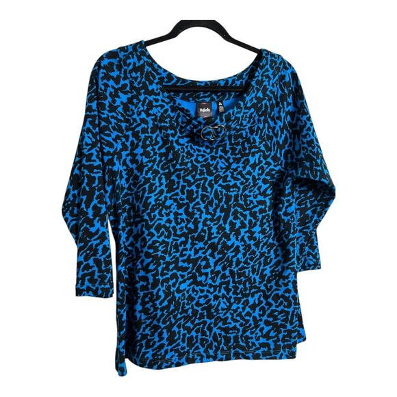 Rafaella Top Women's L Blue Black Animal Print 3/4 Sleeve Scoop Neck Ring Detail - Picture 5 of 7